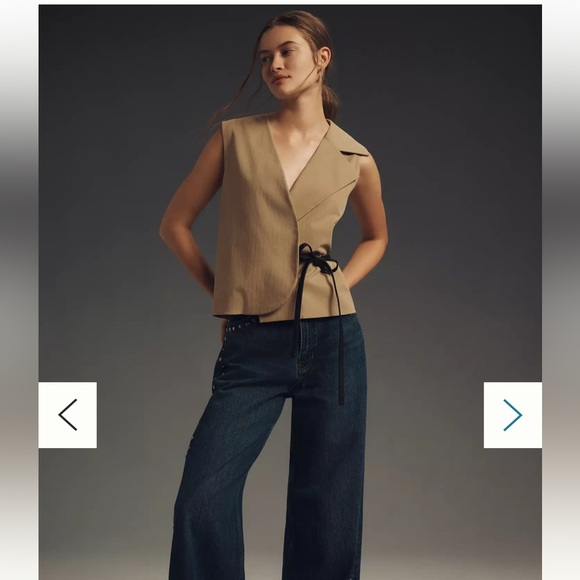 Anthropologie Tan Wrap Blouse with Black Tie, Size Large - Picture 5 of 8